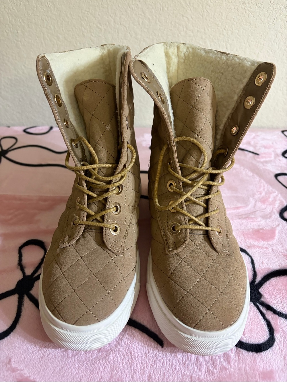 JustFab Quilted Lace-Up Ankle Boots in Tan